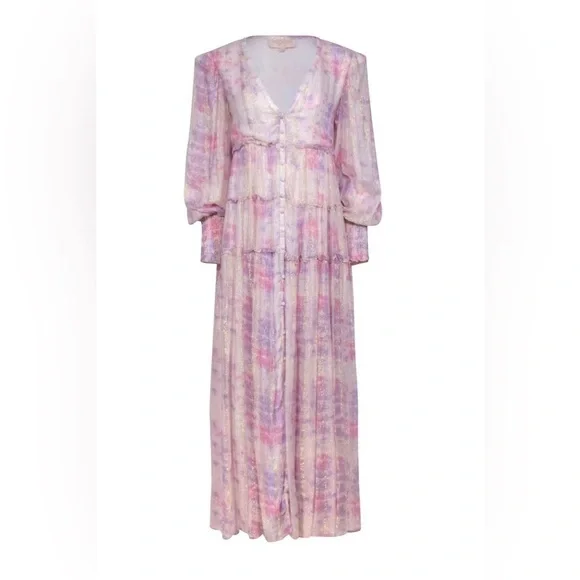 Rococo Sand Emi Metallic Shimmer Purple and Pink Long Sleeve Maxi Dress - Picture 2 of 15